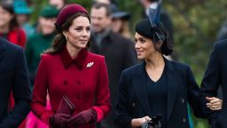 KING'S LYNN, ENGLAND - DECEMBER 25: Catherine, Duchess of Cambridge and Meghan, Duchess of Sussex attend Christmas Day Church service at Church of St Mary Magdalene on the Sandringham estate on December 25, 2018 in King's Lynn, England. (Photo by Samir Hussein/WireImage)