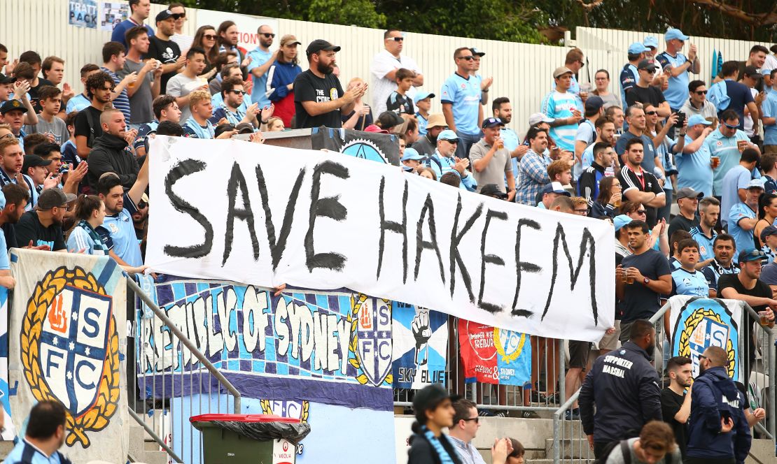 Sydney FC fans display a sign in support for Hakeem al-Araibi  in Sydney, Australia. 