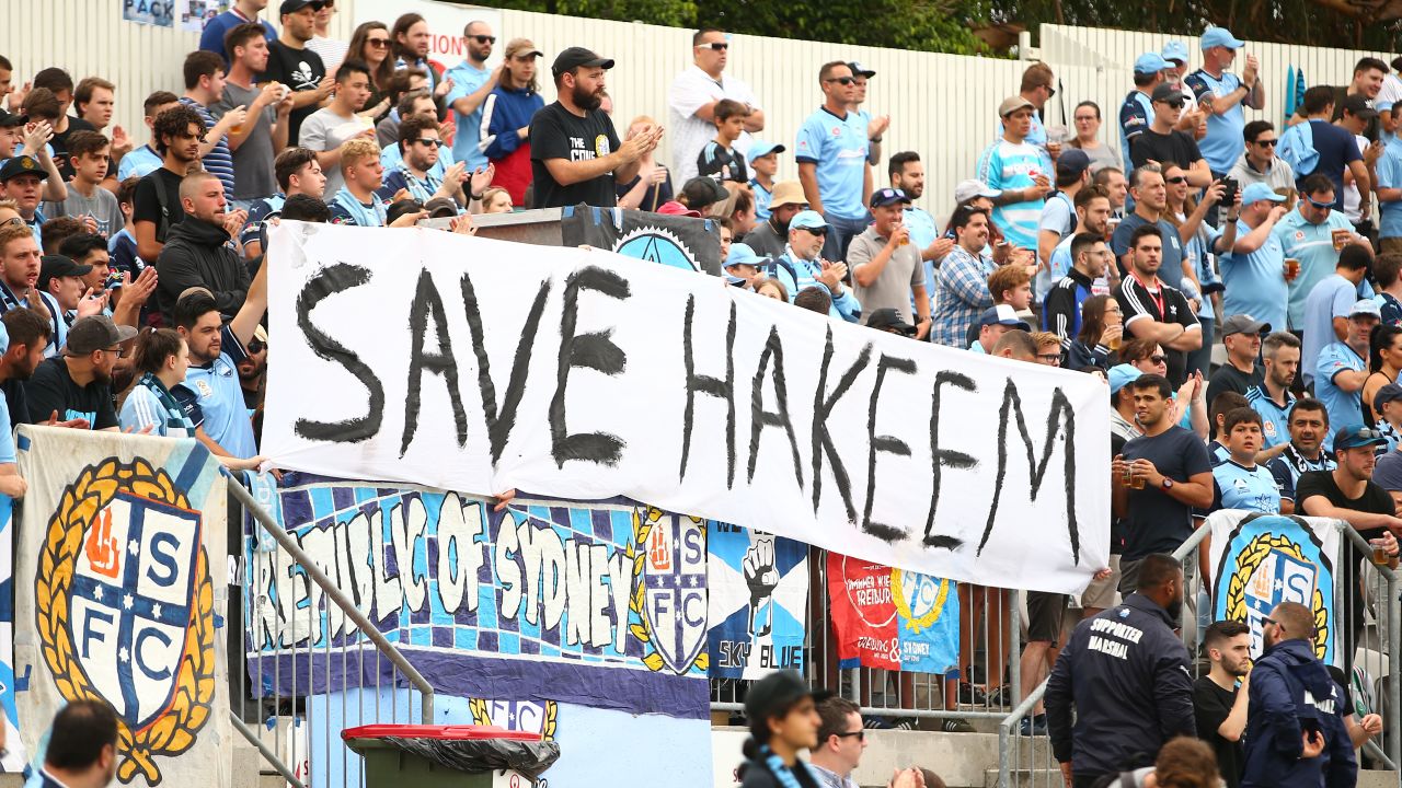 Sydney FC fans display a sign in support for Hakeem al-Araibi during a match between Sydney FC and the Newcastle Jets.