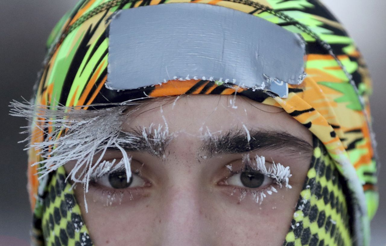 Frost covers parts of University of Minnesota student Daniel Dylla's face during a morning jog on January 29.