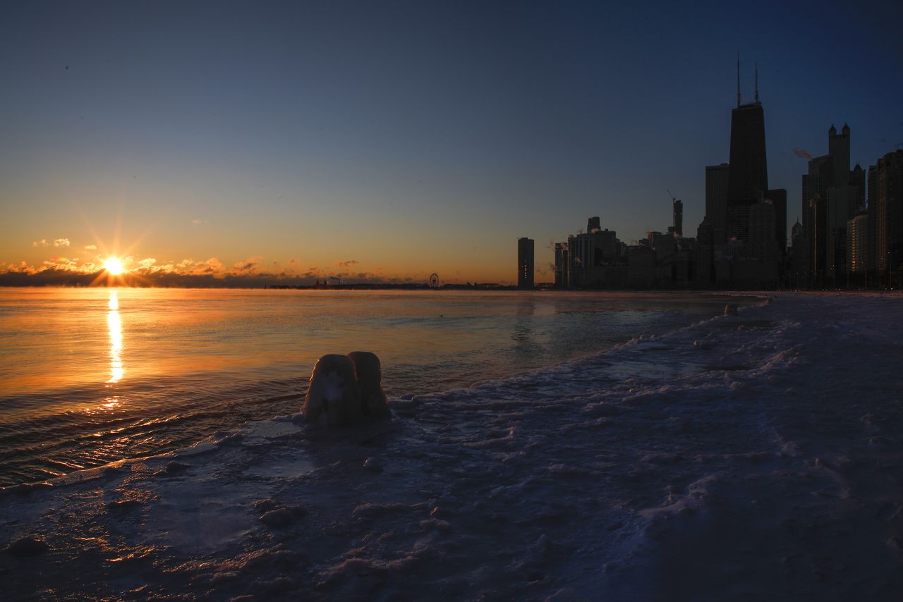 The sun rises over the Chicago lakefront on January 29.