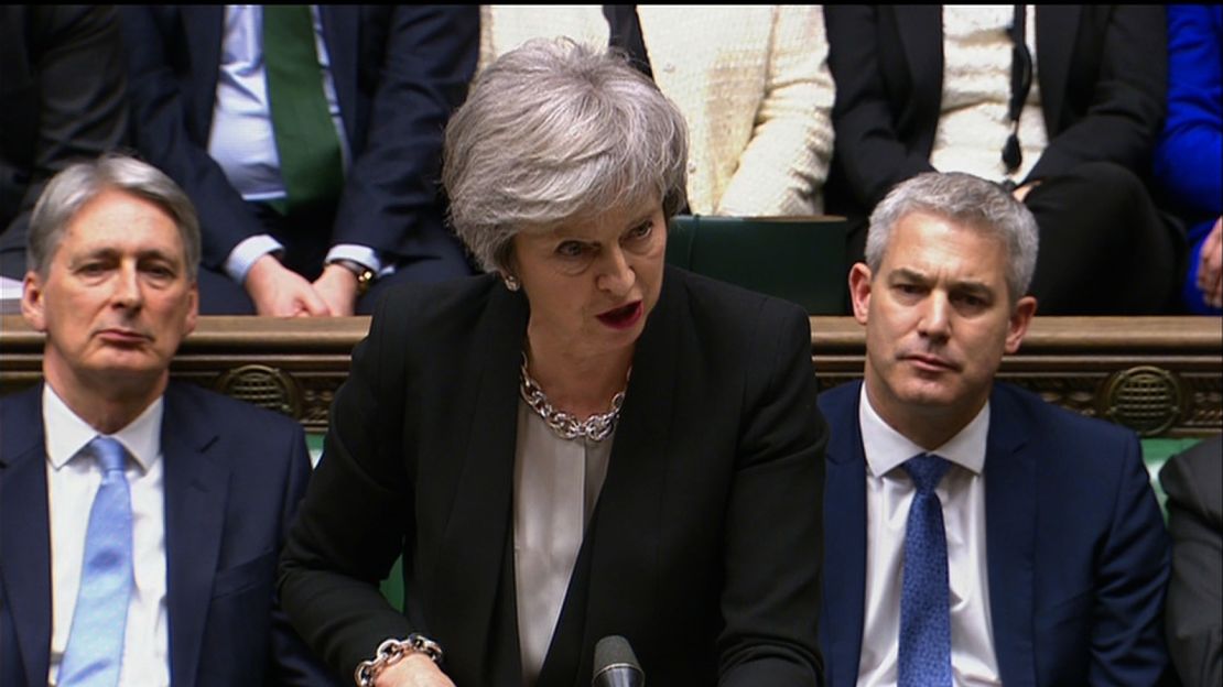 Theresa May addresses UK lawmakers in parliament.