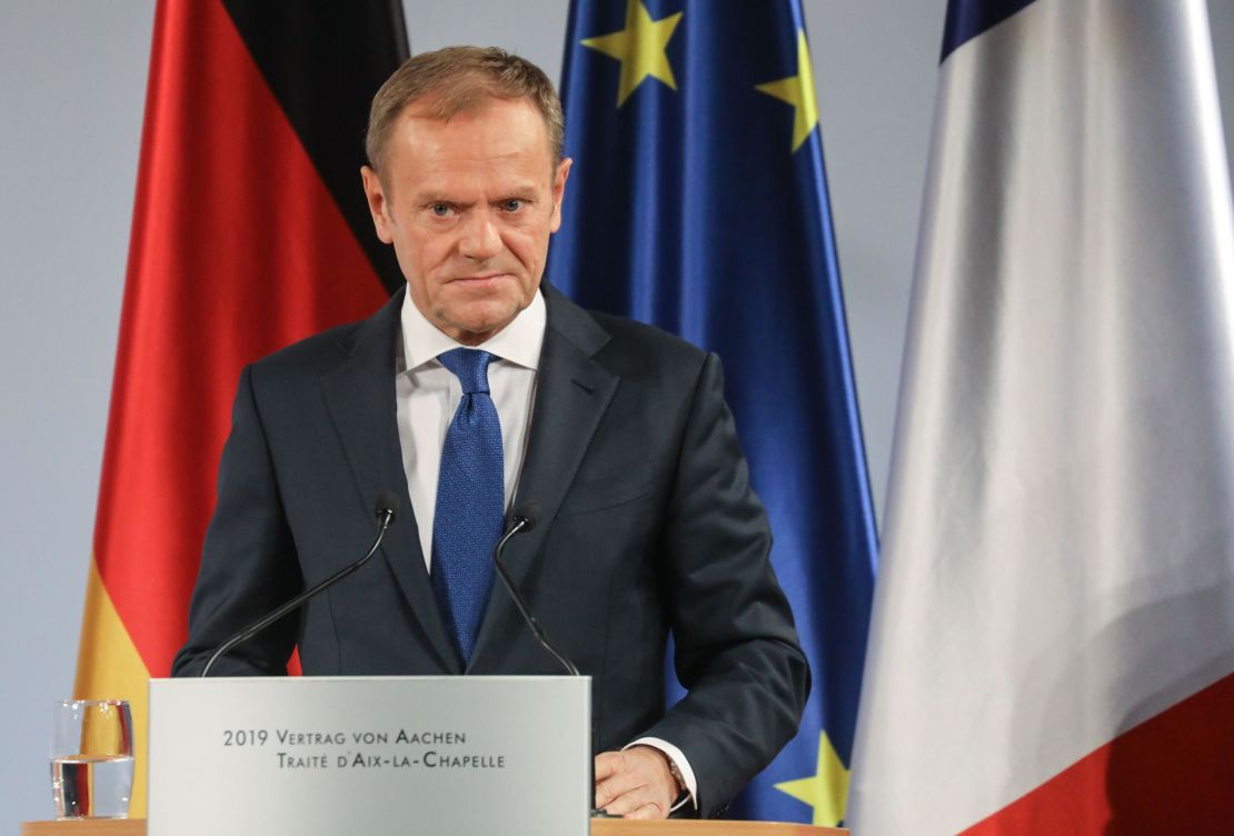 Donald Tusk, president of the European Council, speaks in Germany on January 22.