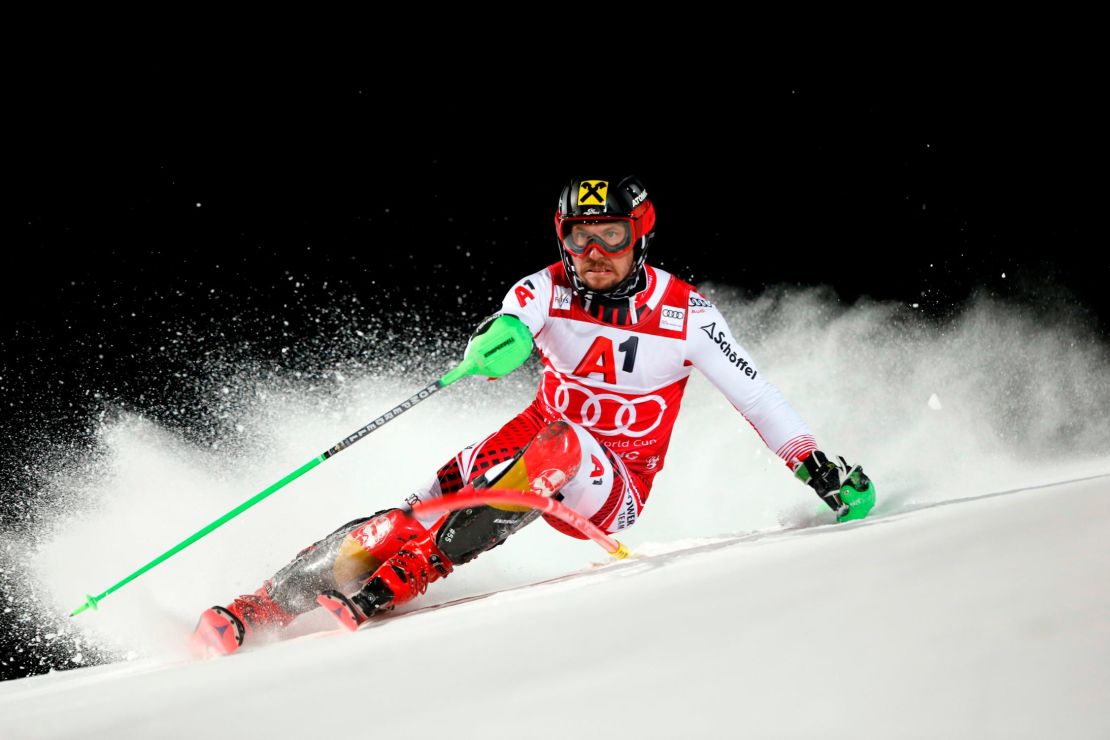 Marcel Hirscher won the Schladming night slalom in Austria Tuesday.