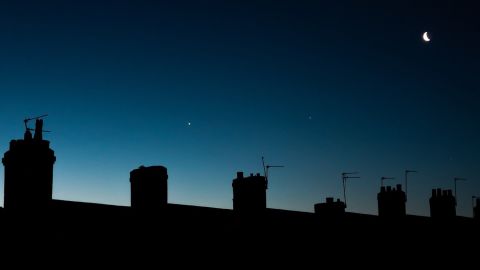 From left to right: Venus, Jupiter and the Moon line up in the pre-dawn sky in Newcastle, England 