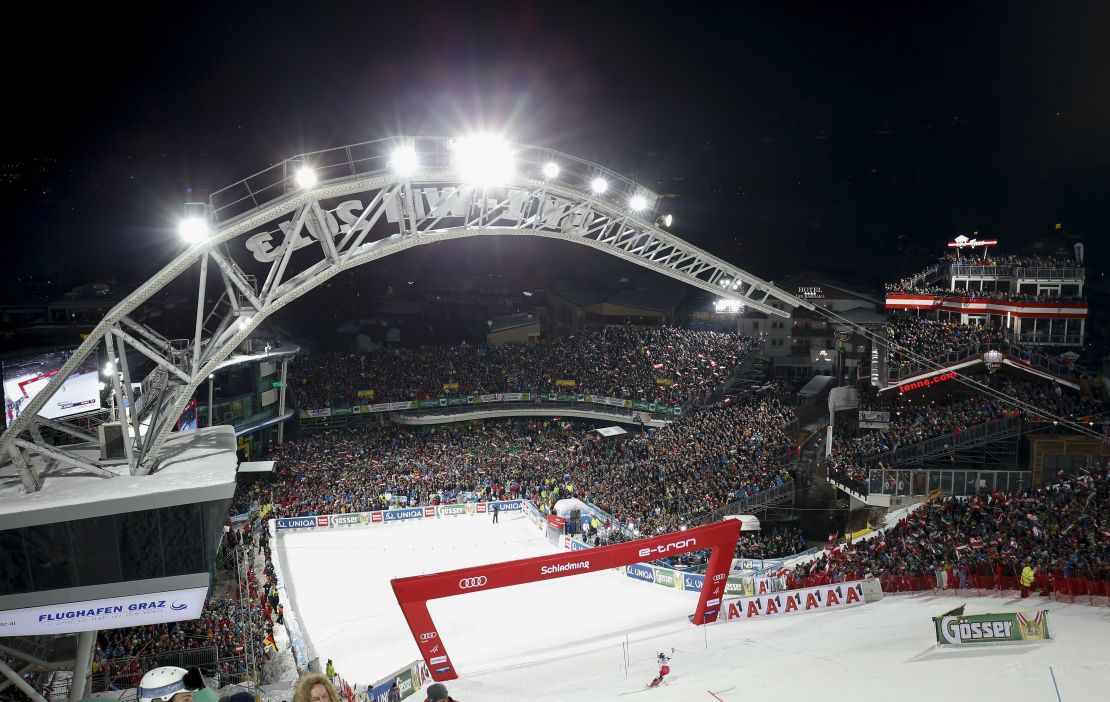 Schladming's night slalom is illuminated by floodlights.