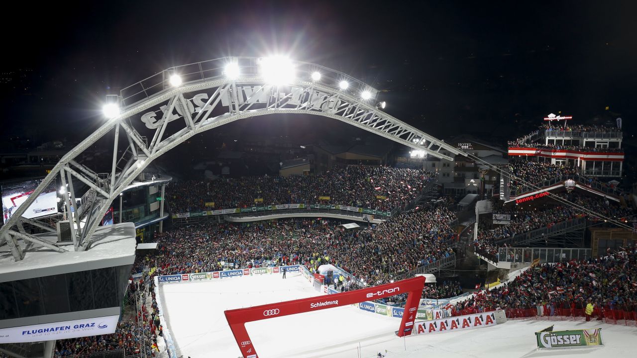 Schladming's night slalom is illuminated by floodlights.