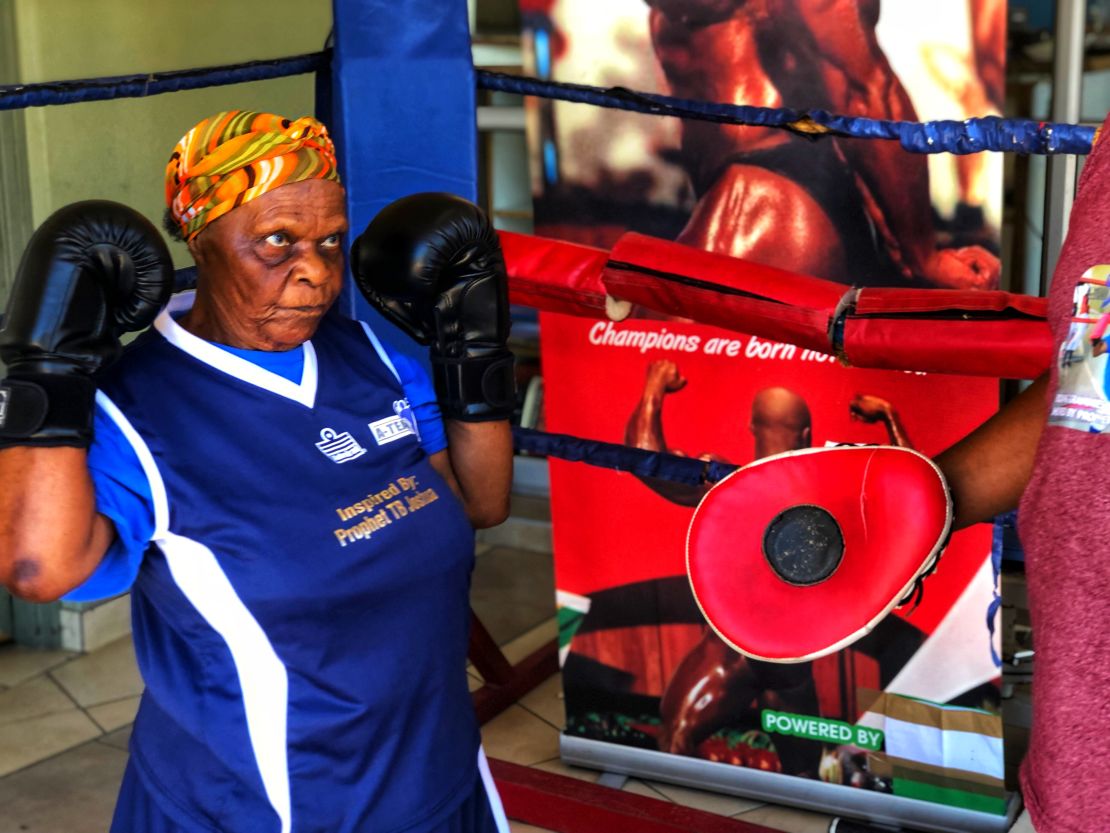 Constance Ngubane says she feels less like her 80 years and more like age 16 when she's boxing. 
