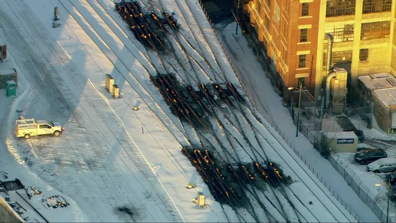 Aerial footage shows train tracks set on fire to prevent freezing in Chicago.