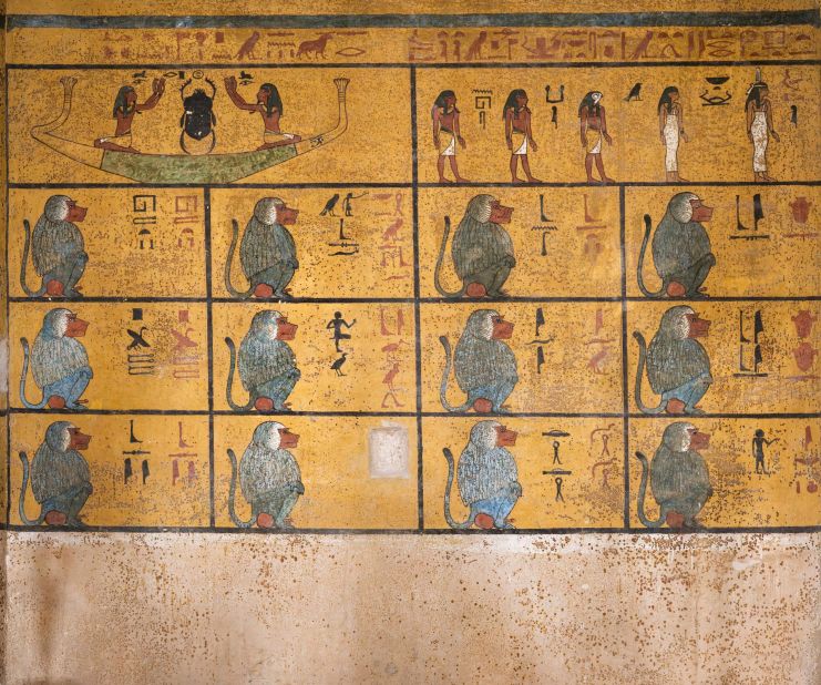 The burial chamber's west wall depicts an extract from the Book of Amduat or "What is in the Underworld." The lower compartments depict 12 baboon-deities, representing the 12 hours of the night through which the sun travels before its rebirth at dawn.