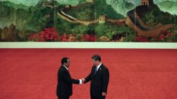 BEIJING, CHINA - SEPTEMBER 03: Cameroon President Paul Biya, left, shakes hands with Chinese President Xi Jinping during the Forum on China-Africa Cooperation held at the Great Hall of the People on September 3, 2018 in Beijing, China. (Photo by Andy Wong - Pool/Getty Images)