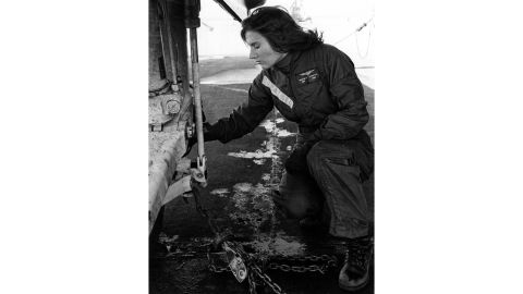 In this undated photo, Rosemary Conatser (later Mariner) makes pre-flight checks of an antisubmarine aircraft at Naval Air Station Oceana in Virginia Beach.