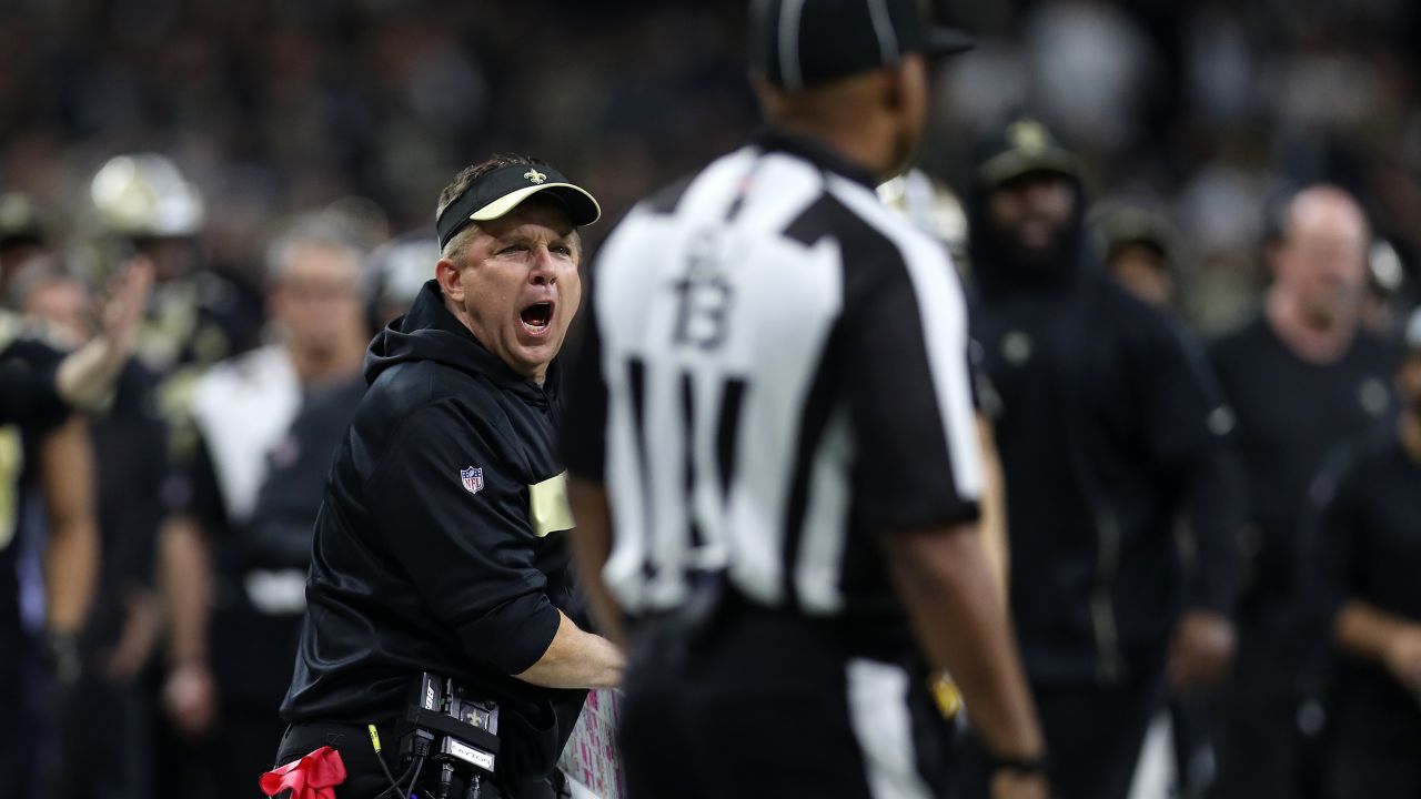 Saints head coach Sean Payton reacts after a no-call between Tommylee Lewis and Nickell Robey-Coleman during the fourth quarter in the NFC Championship game at the Mercedes-Benz Superdome on January 20 in New Orleans.