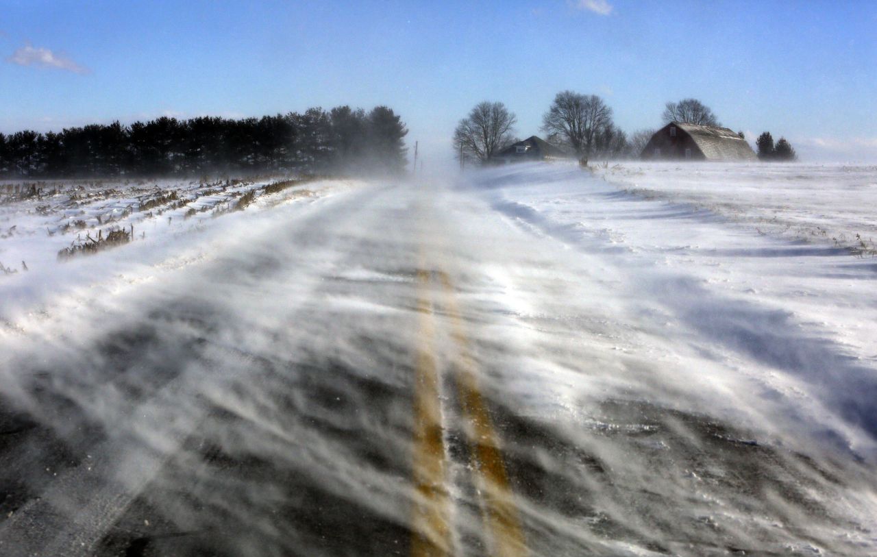 Drifting snow obscures a road near Mount Joy in Lancaster County, Pennsylvania, on Wednesday, January 30. Dangerous wind chills are stretching from the Upper Midwest to Maine. 