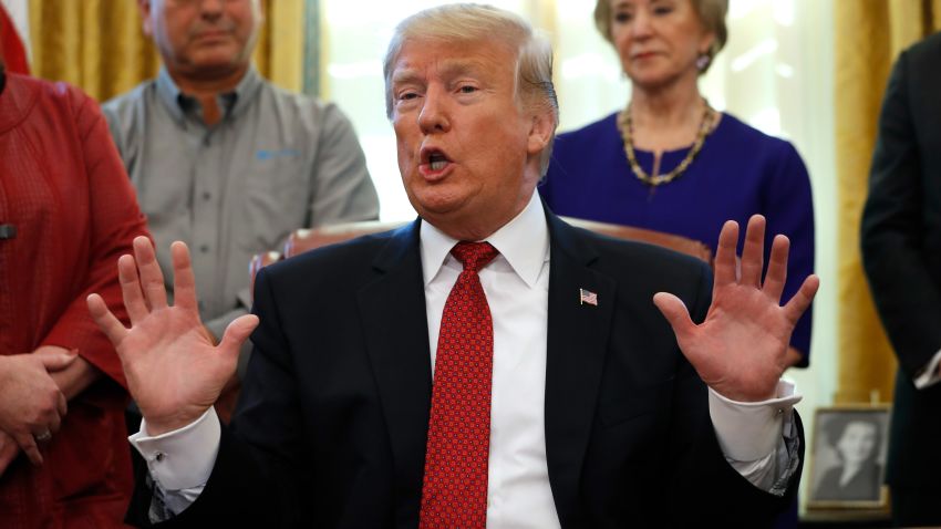 President Donald Trump speaks during a meeting with American manufacturers in the Oval Office of the White House, Thursday, Jan. 31, 2019, in Washington. Trump was signing an executive order pushing those who receive federal funds to "buy American." (AP Photo/Jacquelyn Martin)
