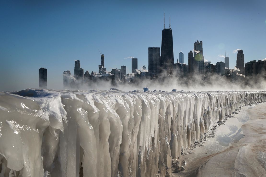 Ice covers the Lake Michigan shoreline on January 30 in Chicago as the city copes with record-setting low temperatures.