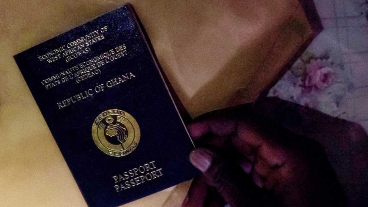 A man holds a Ghanaian passport. 