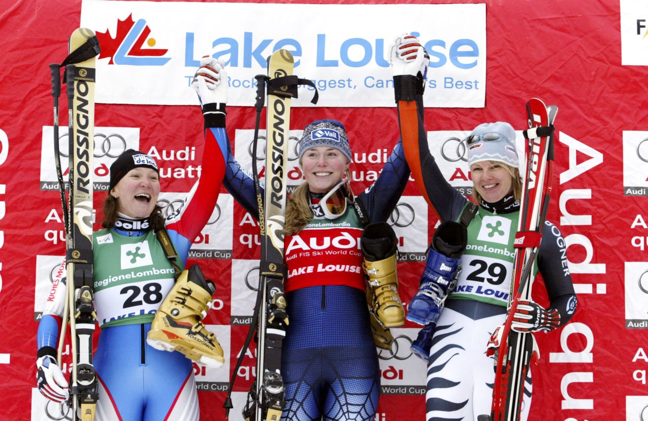 Vonn, center, celebrates her first World Cup victory with France's Carole Montillet-Carles and Germany's Hilde Gerg in December 2004. The downhill race was in Lake Louise, Alberta.