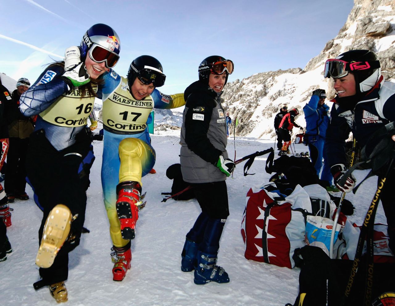 Vonn, left, dances with some of her competitors before the start of a World Cup training session in January 2006.