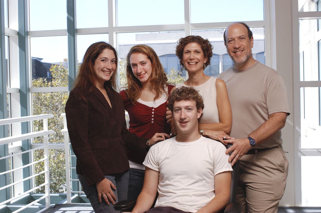 From left, the family of Facebook founder Mark Zuckerberg: his sisters, Randi and Arielle, and his parents, Karen and Ed, with Zuckerberg, center, at the company's office in Palo Alto, California, on October 8, 2005.