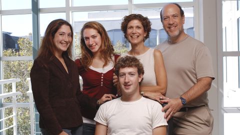 From left, the family of Facebook founder Mark Zuckerberg: his sisters, Randi and Arielle, and his parents, Karen and Ed, with Zuckerberg, center, at the company's office in Palo Alto, California, on October 8, 2005.