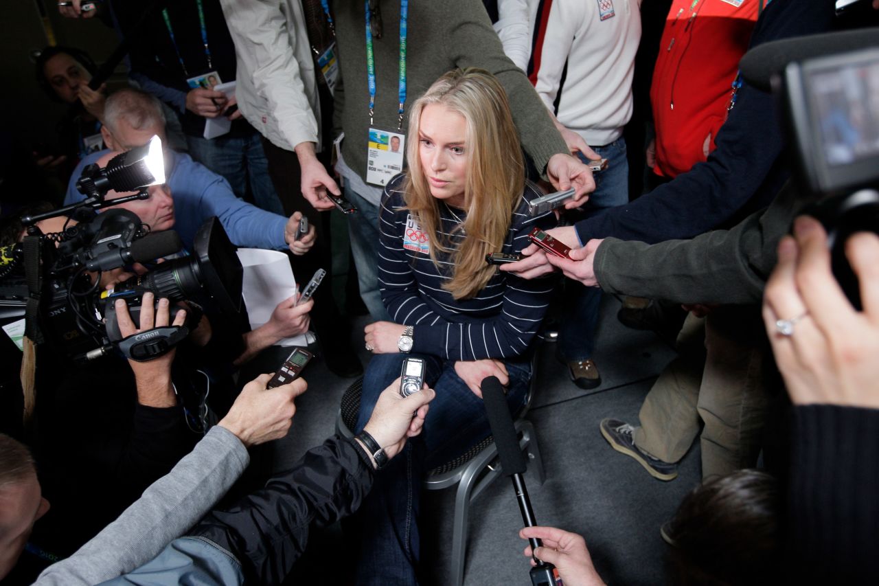 Vonn talks to the media at the 2010 Winter Olympics. She was heavily favored to win medals following her third straight World Cup title.