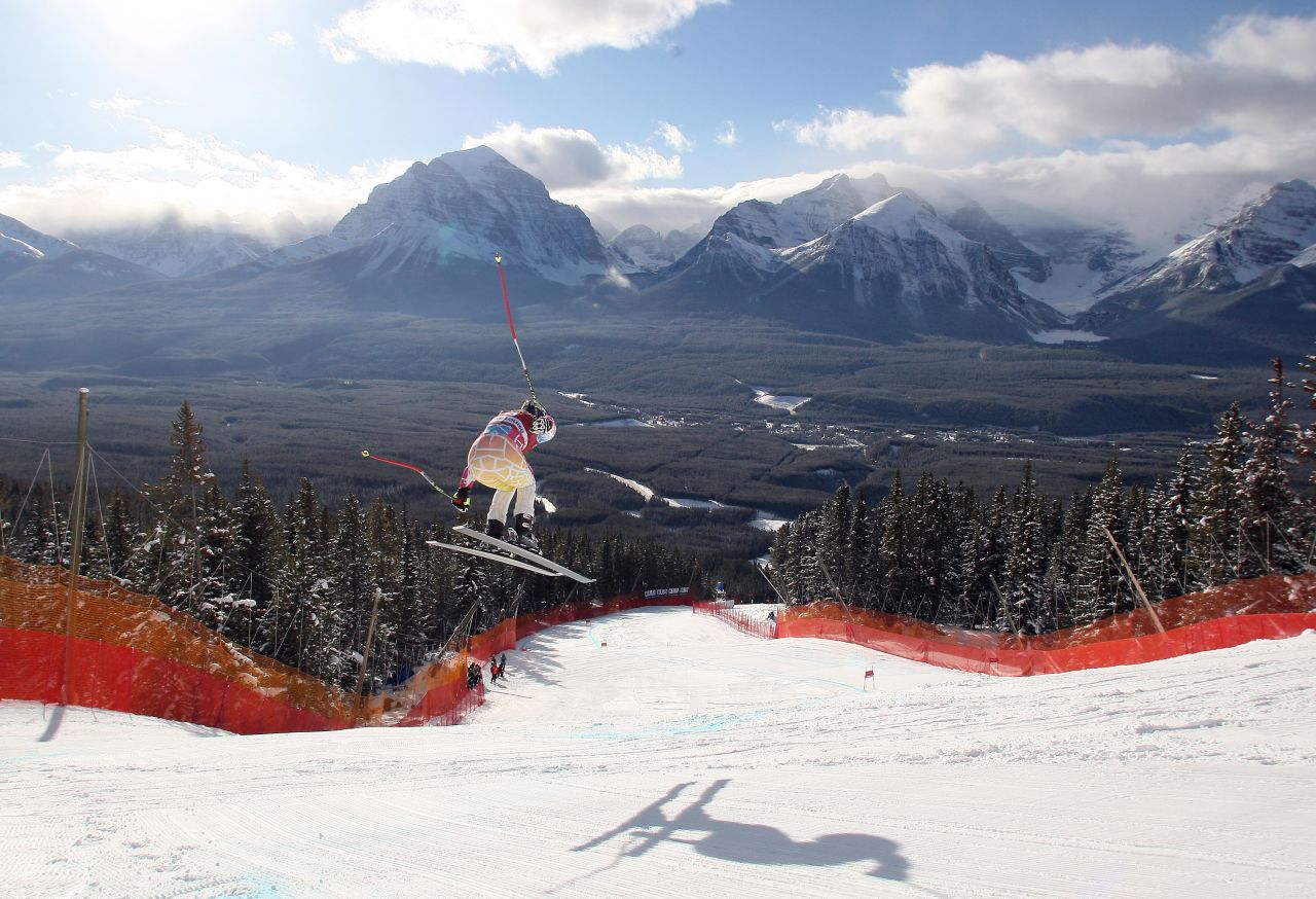 Vonn soars through the air while training in Lake Louise, Alberta, in December 2010.
