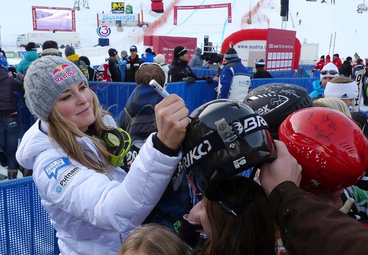 Vonn signs autographs at a World Cup venue in January 2011.