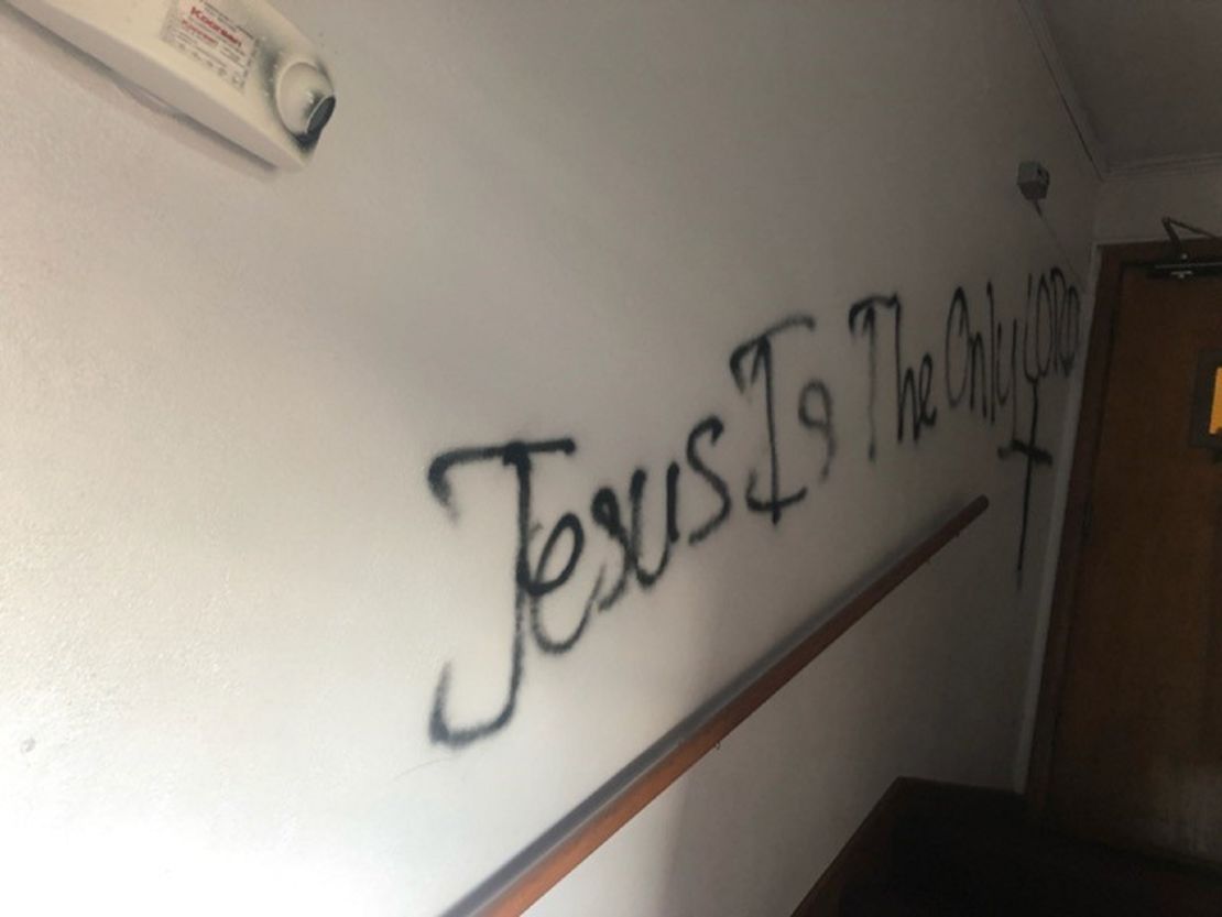 Spray-painted phrases about Jesus covered the walls of the temple. 