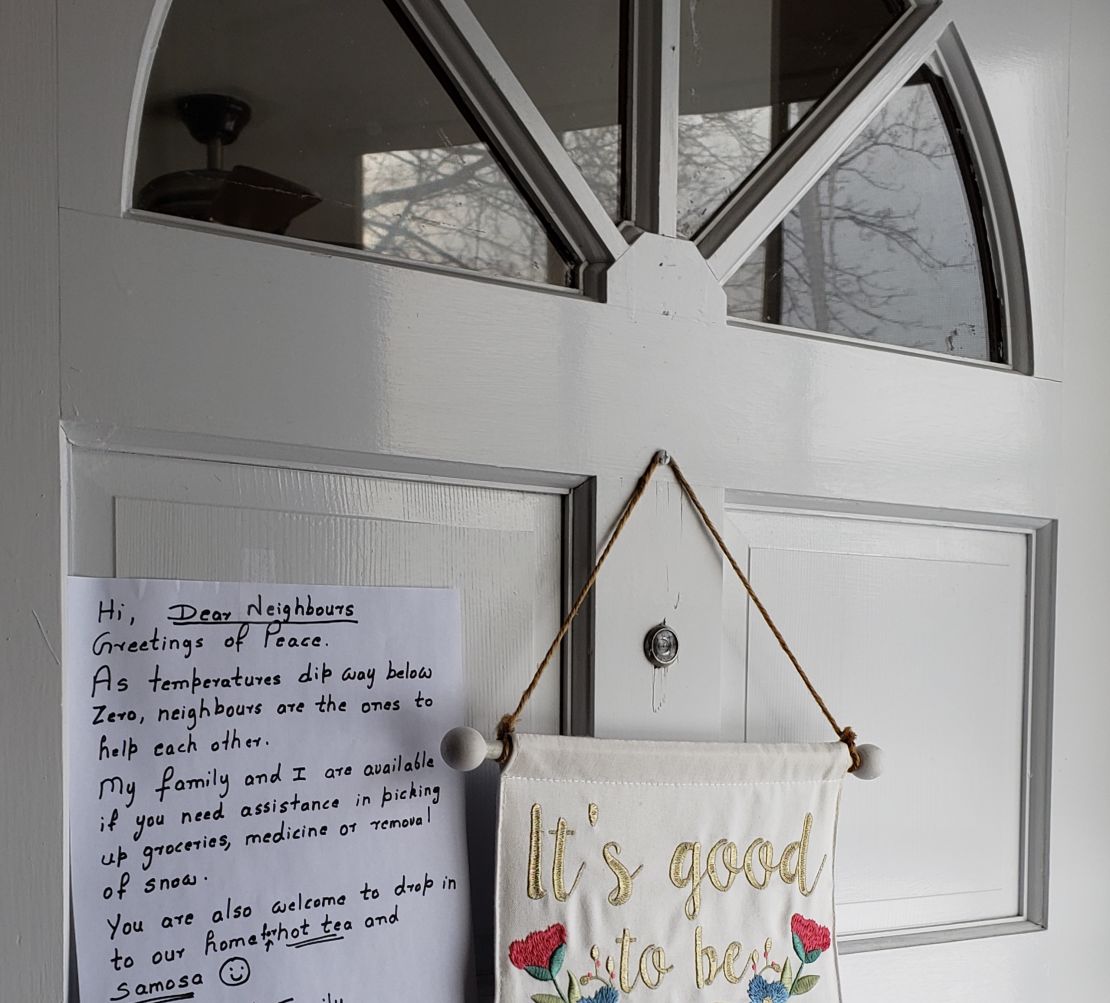 The family of Sabeel Ahmed left 40 handwritten letters on neighbors' doors offering warm regards during the cold snap. 