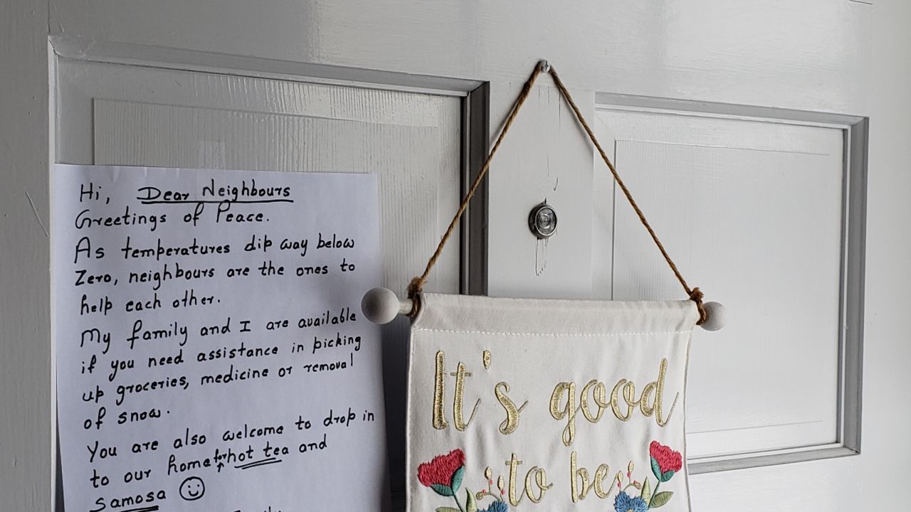 The family of Sabeel Ahmed left 40 handwritten letters on neighbors' doors offering warm regards during the cold snap.