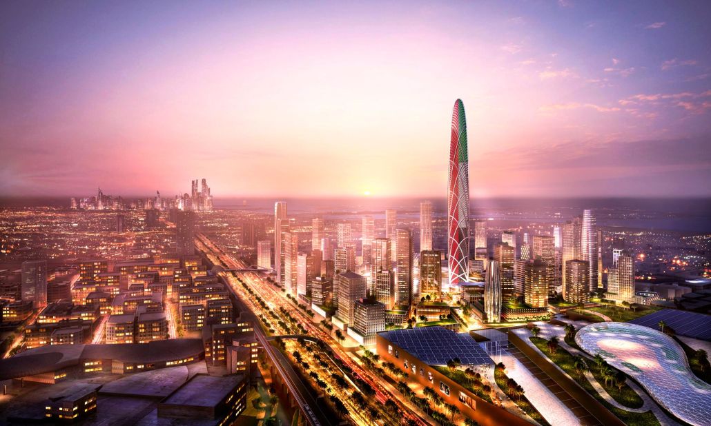 The proposed Burj Jumeira tower will be covered in display panels capable of lighting up the facade -- including the colors of the UAE flag (pictured).