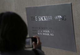 A sign with some names of the Sackler family is displayed at the Metropolitan Museum of Art in New York.