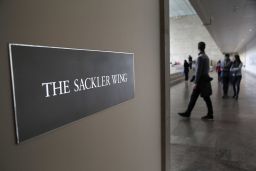 A sign with the Sackler name is displayed at the Metropolitan Museum of Art in New York.