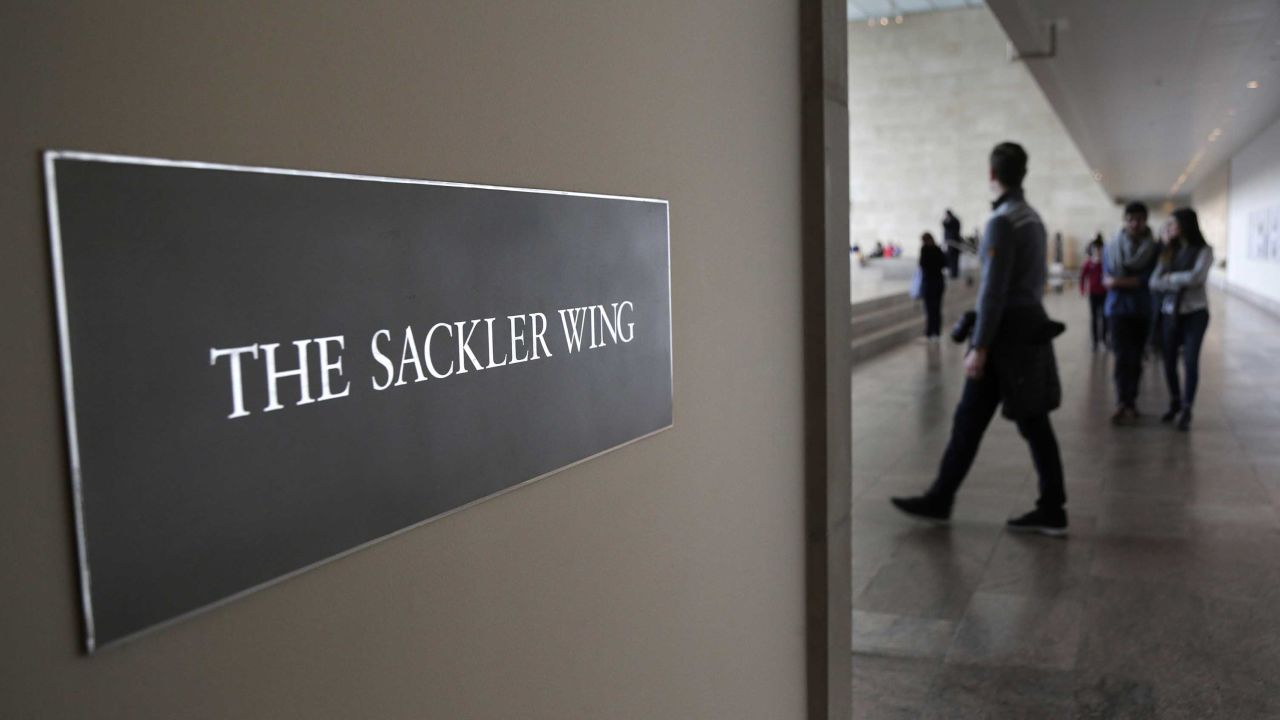 A sign with the Sackler name is displayed at the Metropolitan Museum of Art in New York.