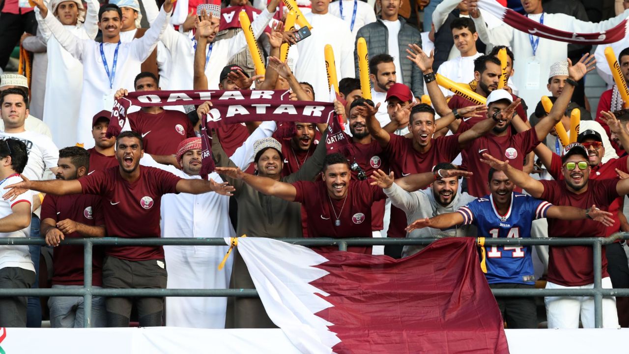 Qatar supporters cheer during the 2019 AFC Asian Cup final football match between Japan and Qatar.