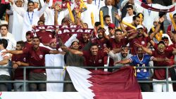 Qatar supporters cheer during the 2019 AFC Asian Cup final football match between Japan and Qatar at the Mohammed Bin Zayed Stadium in Abu Dhabi on February 1, 2019. (Photo by Karim Sahib / AFP)        (Photo credit should read KARIM SAHIB/AFP/Getty Images)