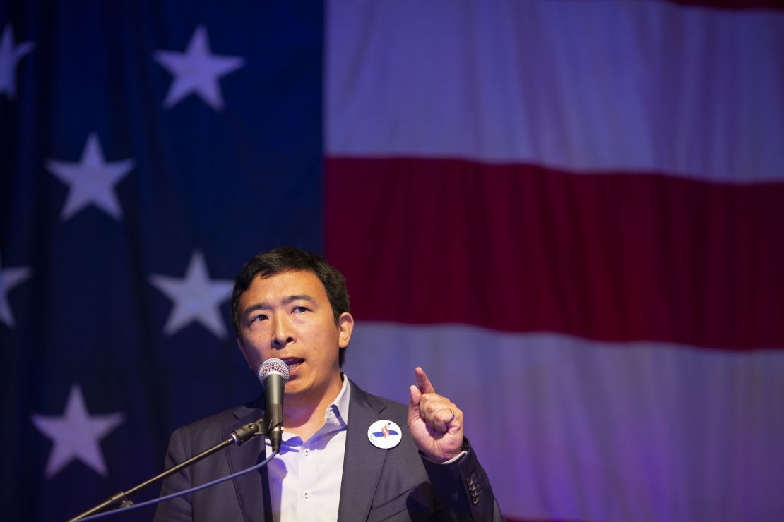 Andrew Yang, founder of Venture for America and 2020 Democratic presidential candidate, speaks during the Democratic Wing Ding event in Clear Lake, Iowa, U.S., on Friday, Aug. 10, 2018.