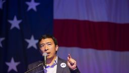 Andrew Yang, founder of Venture for America and 2020 Democratic presidential candidate, speaks during the Democratic Wing Ding event in Clear Lake, Iowa, U.S., on Friday, Aug. 10, 2018. The event in its 15th year of operation is a Democratic fundraiser that benefits participating county parties. Photographer: Daniel Acker/Bloomberg via Getty Images