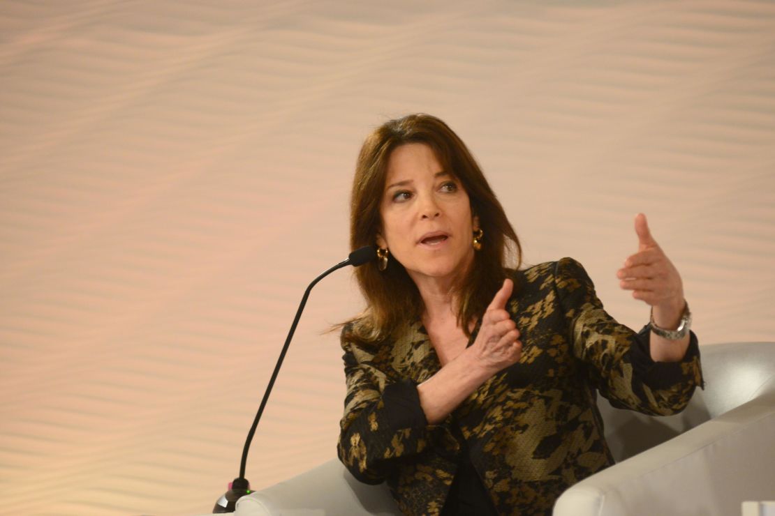 Marianne Williamson during a session on Religion, Consciousness and Spirituality. What Next? at Hindustan Times Leadership Summit 2015 on December 5, 2015 in New Delhi, India.