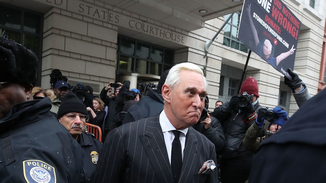 WASHINGTON, DC - FEBRUARY 01: Roger Stone, a former adviser to U.S. President Donald Trump, leaves the Prettyman United States Courthouse after a hearing February 1, 2019 in Washington, DC. A self-described political dirty-trickster, Stone is facing charges from Special Counsel Robert Mueller that he lied to Congress and engaged in witness tampering. He claims he has been falsely accused and has plead not guilty. (Photo by Mark Wilson/Getty Images)