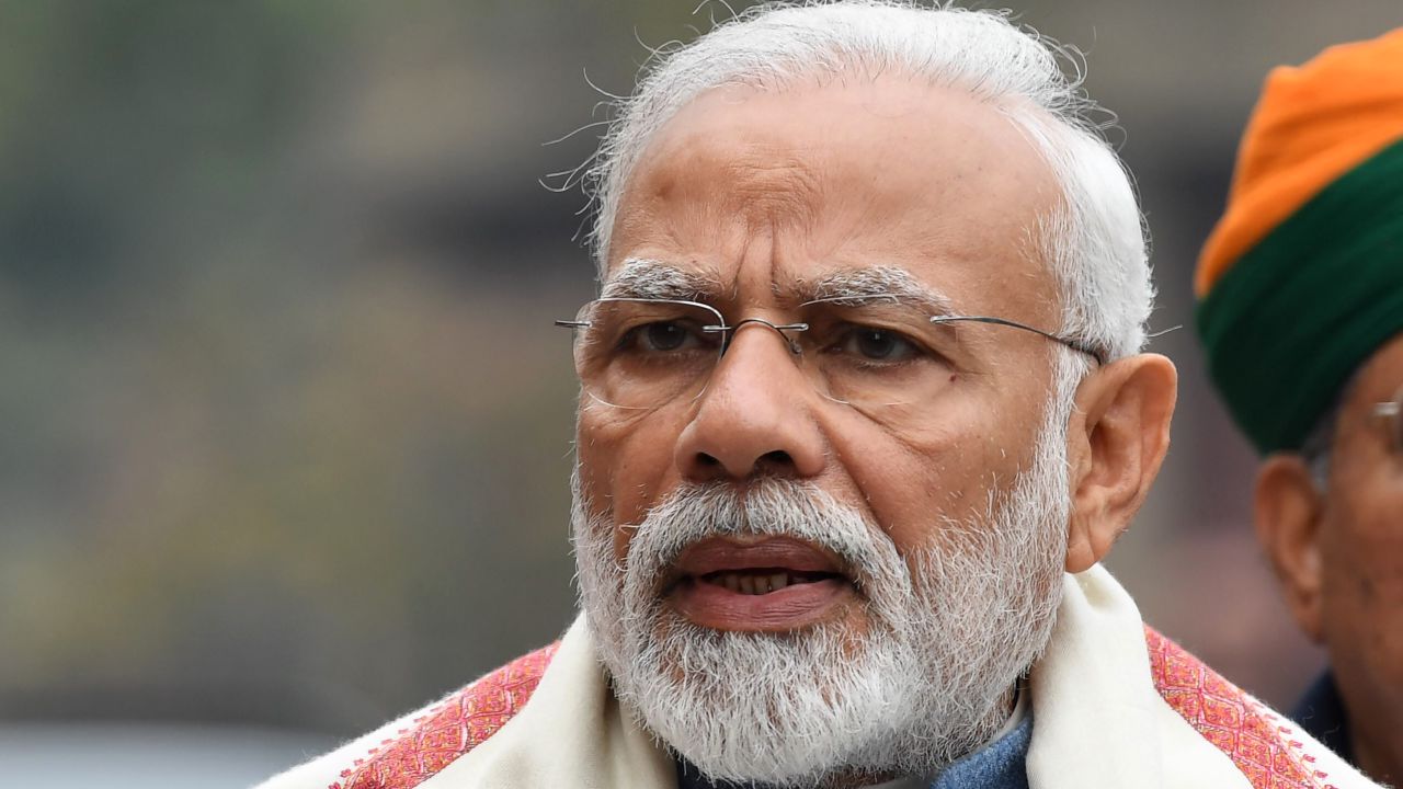 Indian Prime Minister Narendra Modi addresses the media after his arrival at parliament for a budget session in New Delhi on January 31, 2019.