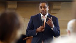 Virginia Lt. Gov. Justin Fairfax gestures during remarks before a meeting of the Campaign to reduce evictions at a church meeting room in Richmond, Va., Tuesday,Sept. 25, 2018. (AP Photo/Steve Helber)