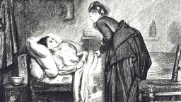 An engraving depicting a sick woman on a truckle bed in a cottage kitchen/ living rooms. Illustrated by Francis Wilfred Lawson (1842-1935) a British painter and artist. Dated 19th century. (Photo by: Universal History Archive/UIG via Getty Images)