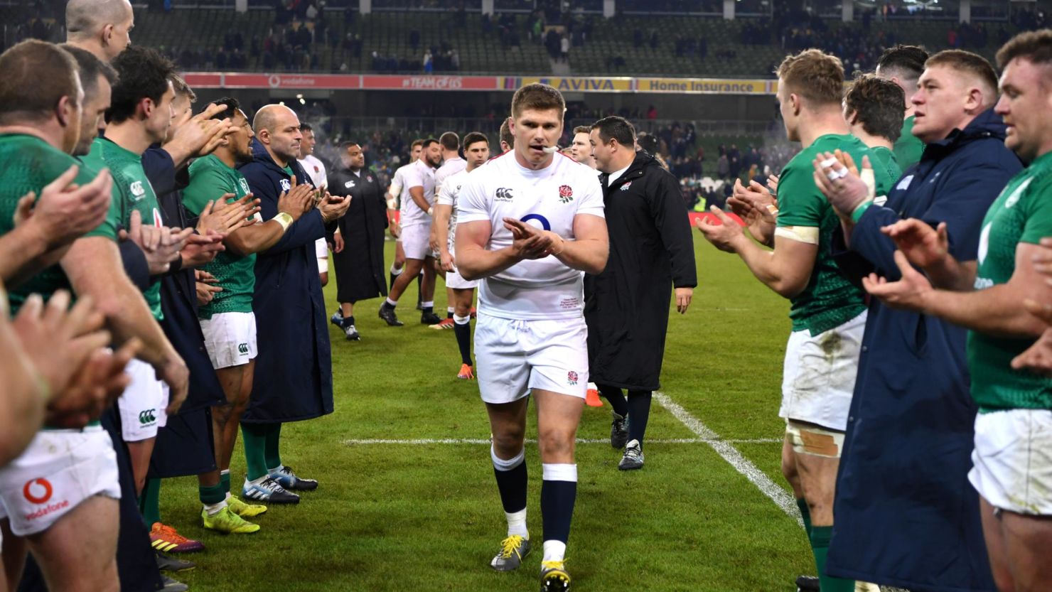 Owen Farrell of England leads his side off the field following the Guinness Six Nations between Ireland and England at Aviva Stadium on February 2, 2019 in Dublin, Ireland. Farrell scored three conversions for the win. 