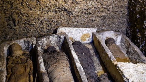 This picture taken on February 2, 2019 shows newly-discovered mummies wrapped in linen found in burial chambers dating to the Ptolemaic era (323-30 BC) at the necropolis of Tuna el-Gebel in Egypt's southern Minya province, about 340 kilometres south of the capital Cairo. - Egypt's Antiquities Minister said on February 2 that a joint mission from the ministry and Minya University's Archaeological Studies Research Centre found upon a collection of Ptolemaic burial chambers engraved in rock and filled with a large number of mummies of different sizes and genders. The minister added that the newly discovered tombs may be a familial grave for a family from the elite middle class. (Photo by MOHAMED EL-SHAHED / AFP)        (Photo credit should read MOHAMED EL-SHAHED/AFP/Getty Images)