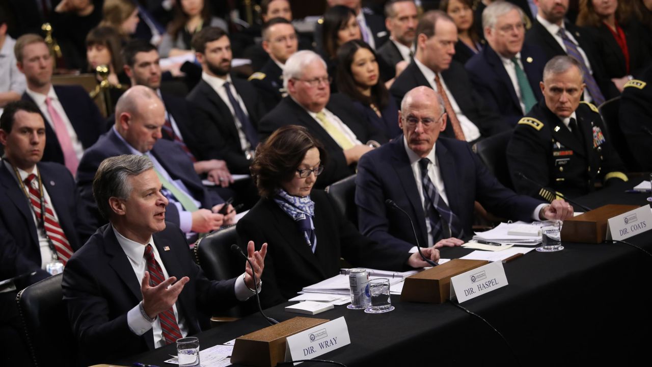 FBI Director Christopher Wray; CIA Director Gina Haspel; and Director of National Intelligence Dan Coats; and  Gen. Robert Ashley, director of the Defense Intelligence Agency testify at a Senate Intelligence Committee hearing on "Worldwide Threats" January 29, 2019 in Washington, DC.