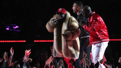 Big Boi, Adam Levine of Maroon 5, and Sleepy Brown perform during the Pepsi Super Bowl LIII Halftime Show 