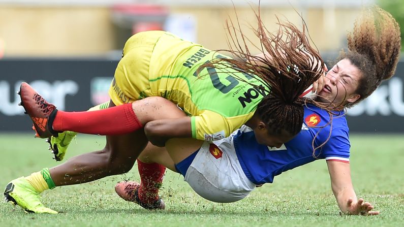 Australia's Ellia Green tackles France's Caroline Drouin during a rugby sevens tournament in Sydney on Saturday, February 2.