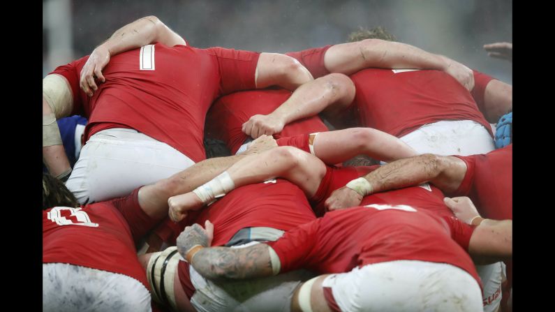 Welsh rugby players bind for a scrum during a Six Nations match against France on Friday, February 1.
